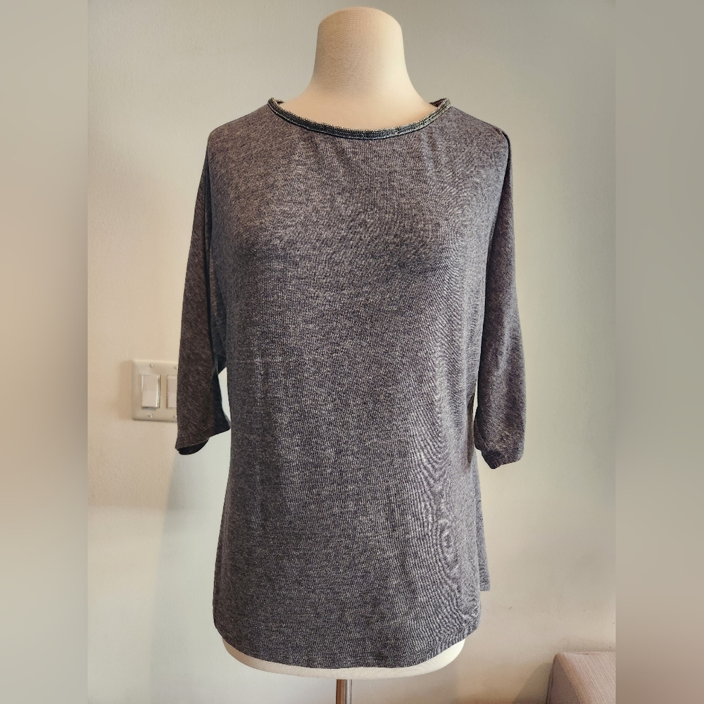 Sandro Dark Gray Heather Tee With Chain Neck Detail, Size 2